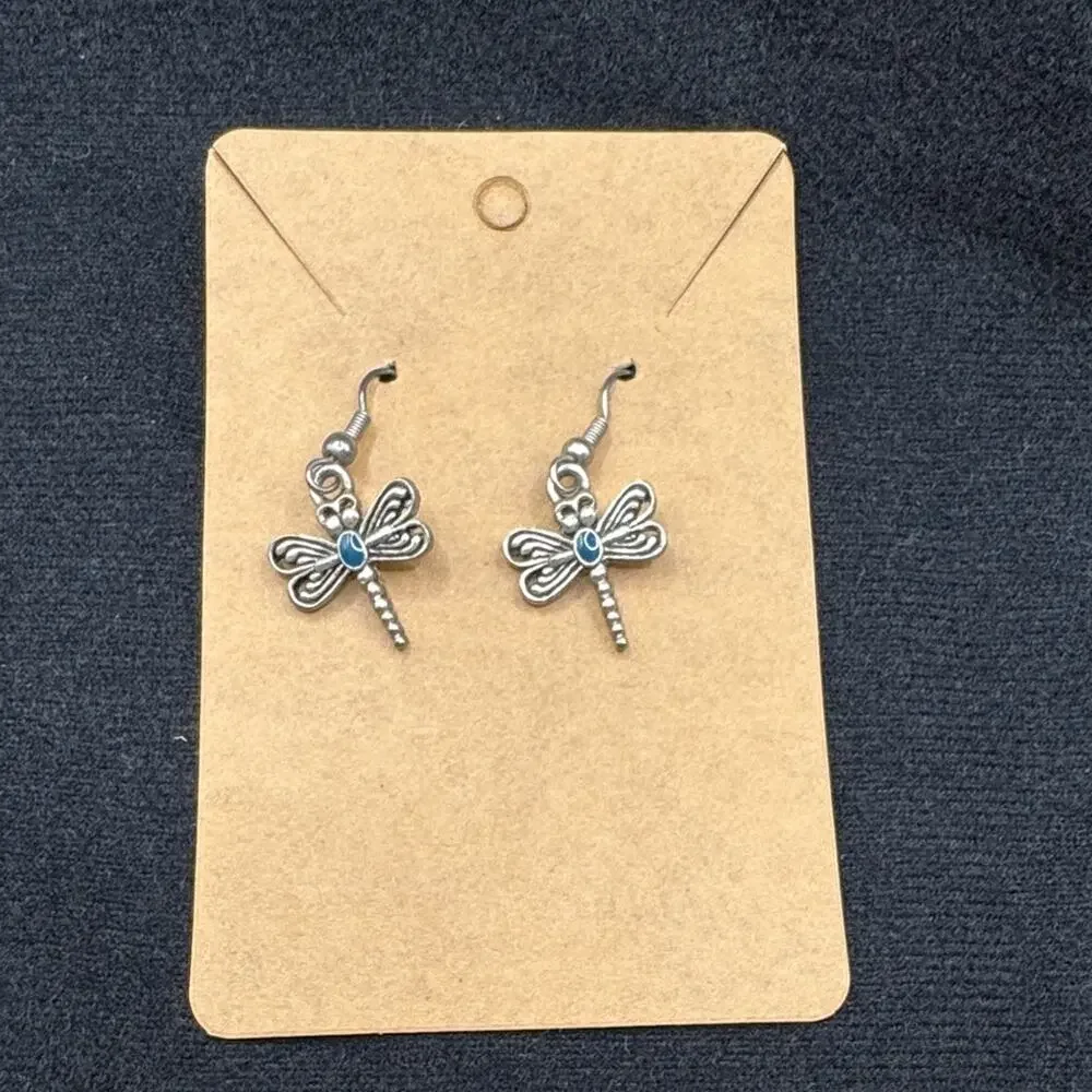 Silver Dragonfly Dangle Hook Earrings Boho Insect Nature Artisan Jewelry